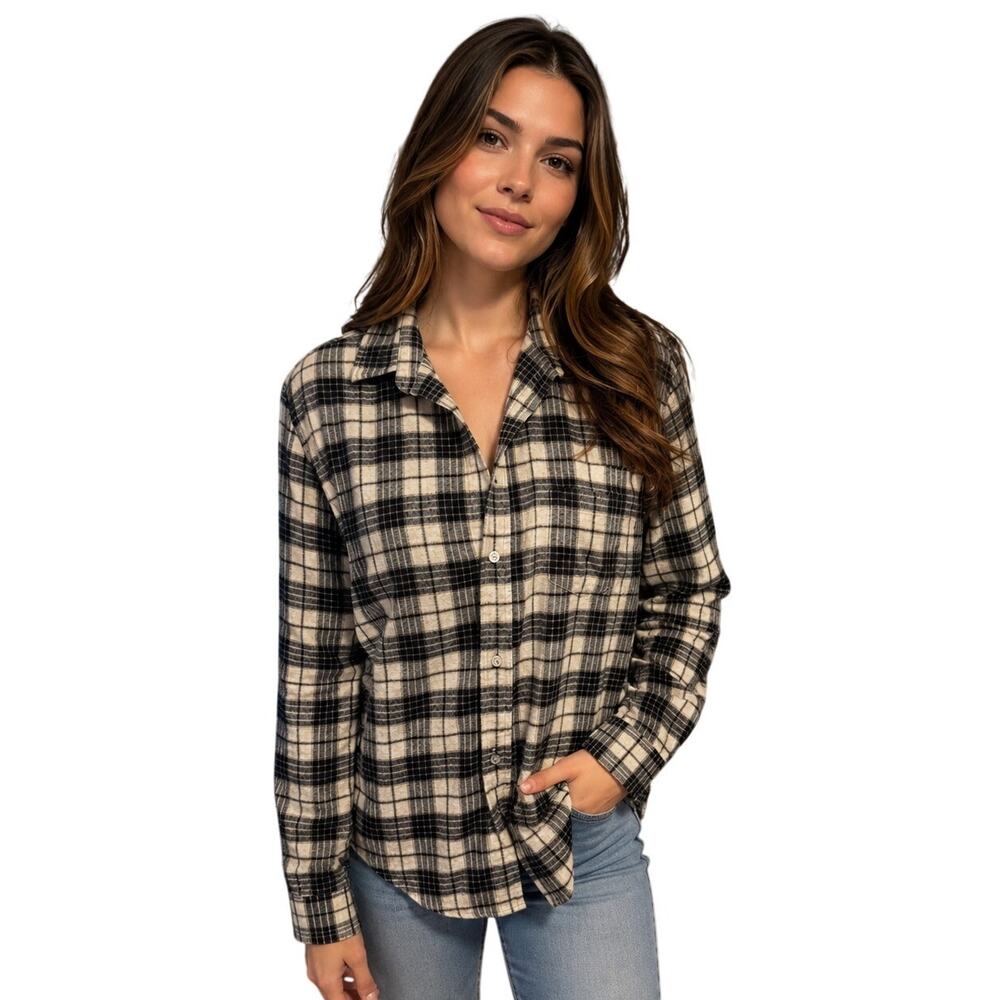 Frank & Eileen Barry Button Down Shirt Plaid Blue Cream Flannel Cotton Italy Med